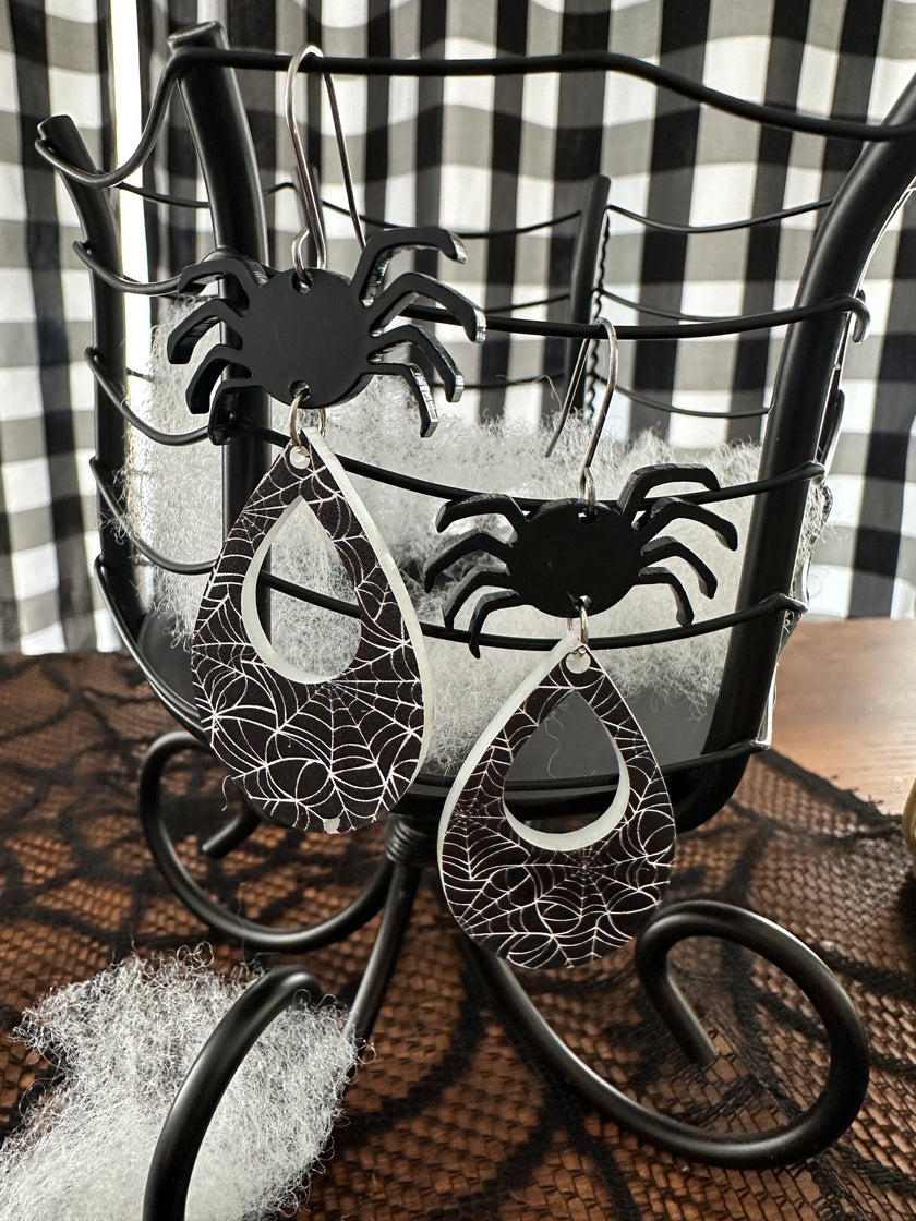 Spider Web Teardrop Earrings with Spider Topper